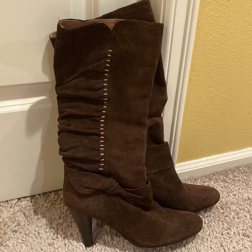 Brown suede high heels boots